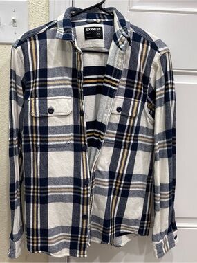 Express Men's Plaid Button-Up Shirt Jacket in Navy, White, and Gold